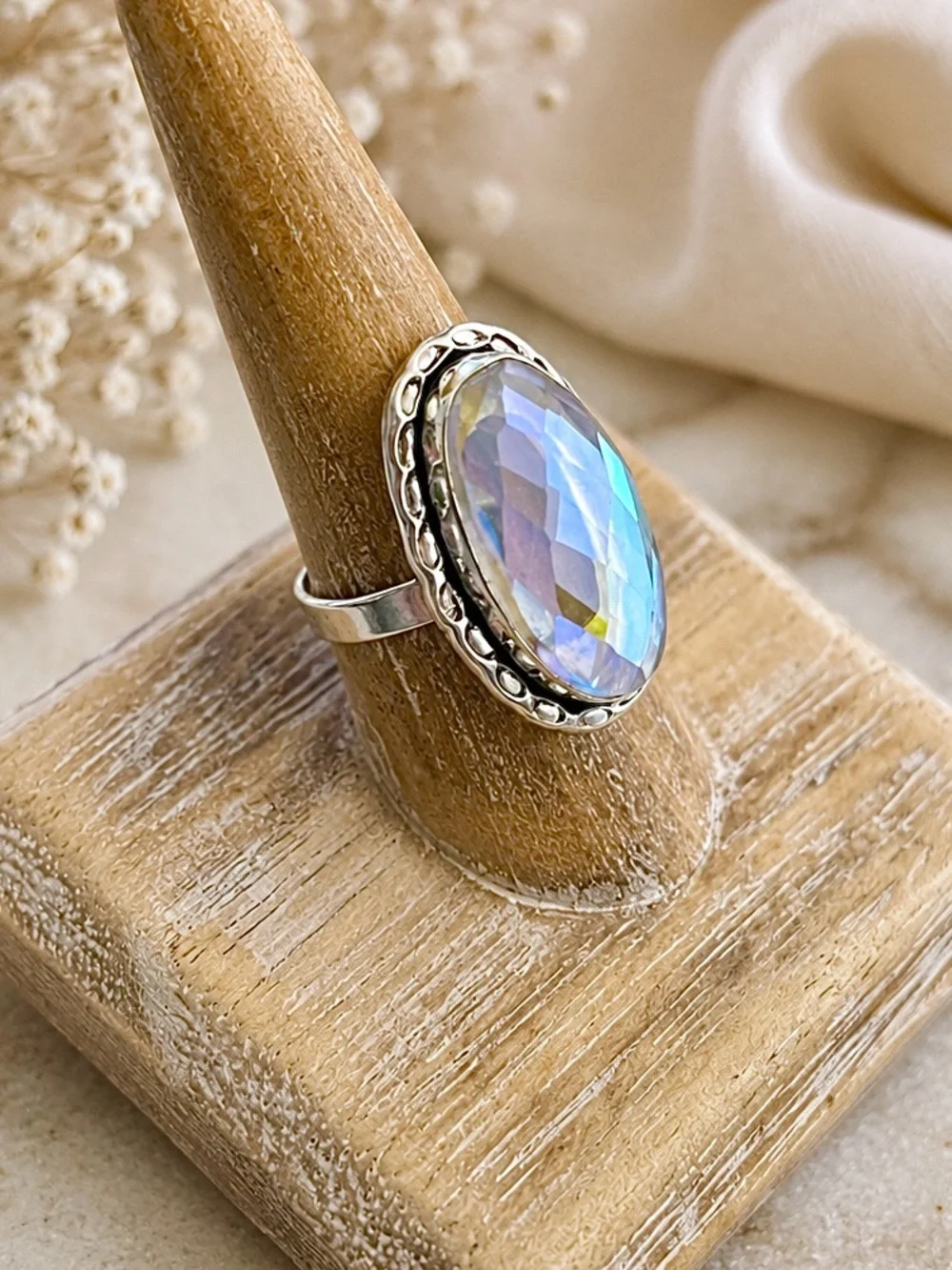 Faceted Aura Rainbow Topaz 925 Sterling Silver Ring Sz 8.5